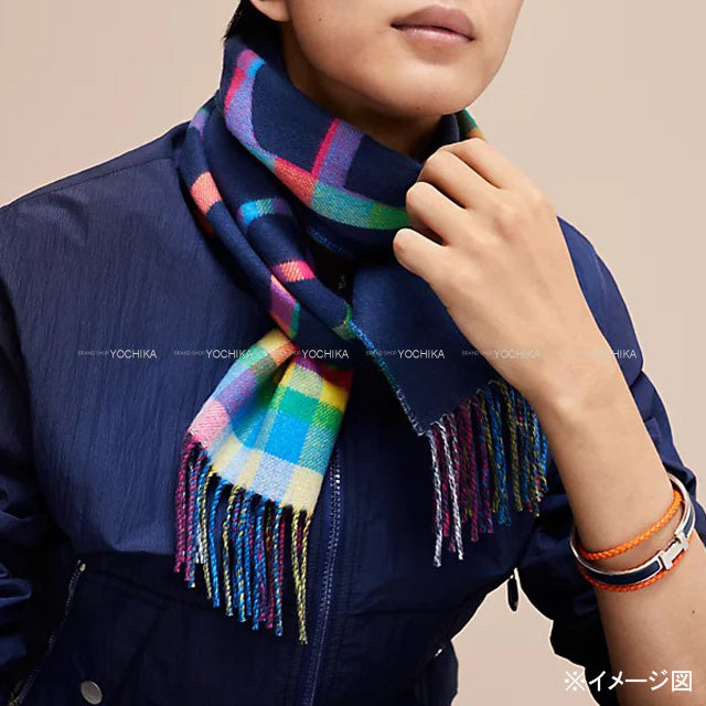 2023 AW NEW HERMES muffler Tartan Maillons Blue/Multicolor Cashmere100%[BRAND NEW][Authentic]