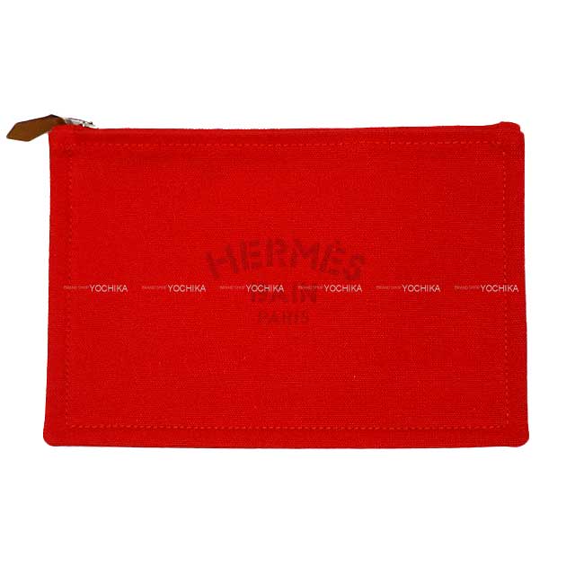 HERMES Pouch Flat Yachting PM Rouge Cotton100% Silver HW[EXCELLENT][Authentic]