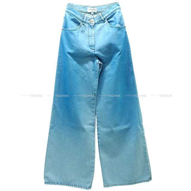 2024 SS Cruise Collection NEW CHANEL Denim Pants Wide Denim Jeans Gradation COCO Button #34 Blue/Rainbow Cotton 34 P76361[BRAND NEW][Authentic]