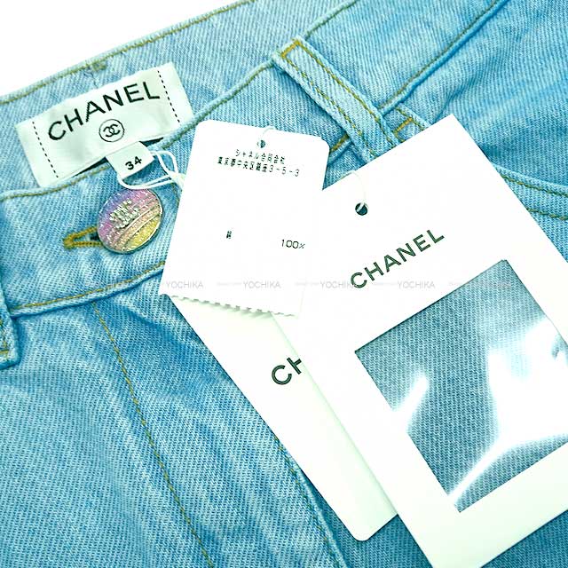 2024 SS Cruise Collection NEW CHANEL Denim Pants Wide Denim Jeans Gradation COCO Button #34 Blue/Rainbow Cotton 34 P76361[BRAND NEW][Authentic]