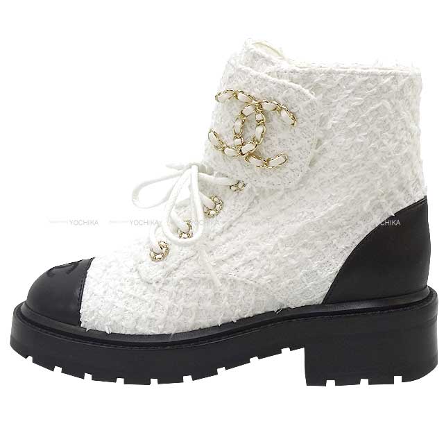 2023 Cruise Collection NEW CHANEL boots Lace-up Short Boots Matelasse Chain COCO Mark #36 Blanc (White)/Noir (Black) Cotton Tweed/Shiny Lambskin #36 Champagne Gold HW G36424[BRAND NEW][Authentic]