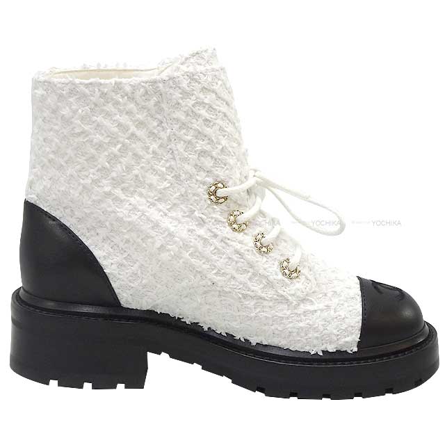 2023 Cruise Collection NEW CHANEL boots Lace-up Short Boots Matelasse Chain COCO Mark #36 Blanc (White)/Noir (Black) Cotton Tweed/Shiny Lambskin #36 Champagne Gold HW G36424[BRAND NEW][Authentic]