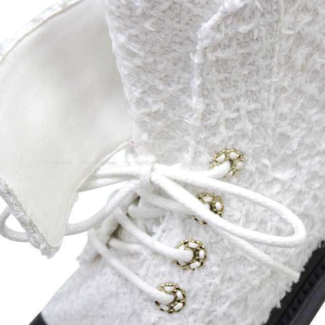 2023 Cruise Collection NEW CHANEL boots Lace-up Short Boots Matelasse Chain COCO Mark #36 Blanc (White)/Noir (Black) Cotton Tweed/Shiny Lambskin #36 Champagne Gold HW G36424[BRAND NEW][Authentic]