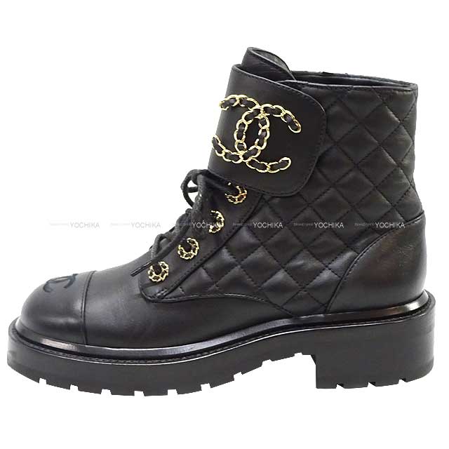 [Pre-loved] 2020 CHANEL boots Lace-up Short boots Chain COCO Mark Matelasse #37 Noir (Black) Lambskin/Calfskin #37 Champagne Gold HW G36424[LIKE NEW][Authentic]