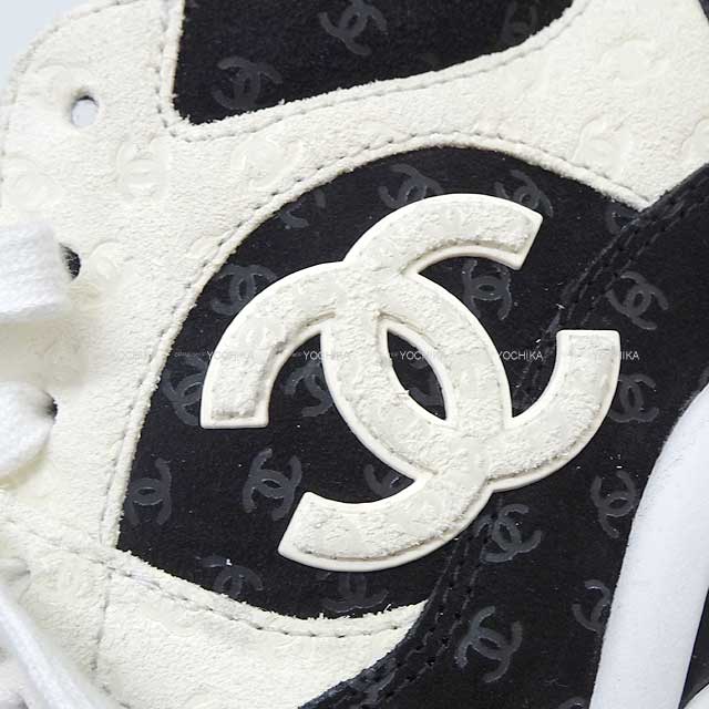 [Pre-loved] 2022 AW CHANEL sneakers Random Mini COCO Mark #37 Noir (Black)/Blanc (White) Suede cal #37 G39230[LIKE NEW][Authentic]