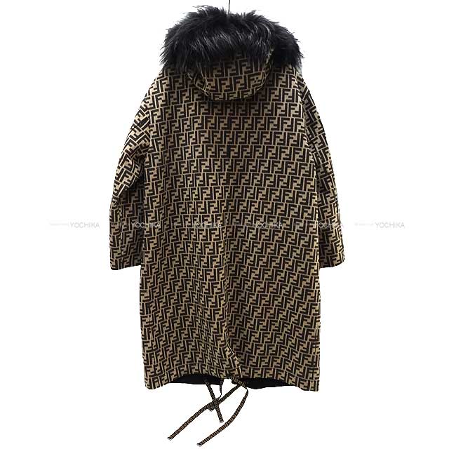 2020 AW FENDI Fur hoodie coat Zucca FF reversible coat #44 Noir (Black)/Brown Wool/Silk/Silver fox FF8581[EXCELLENT][Authentic]