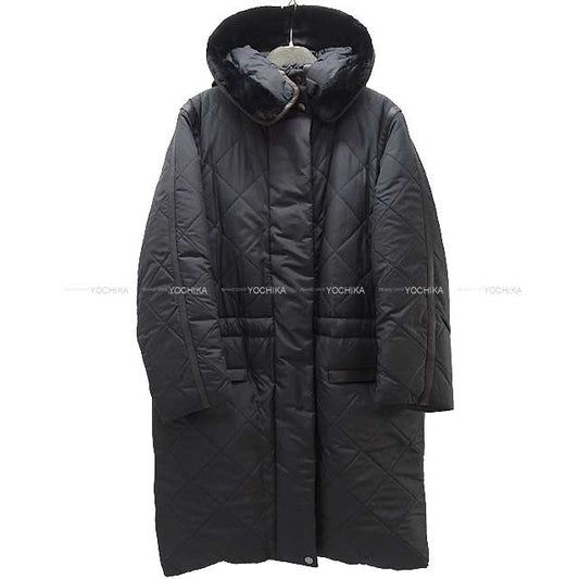 HERMES Down jacket Nutria Fur Hood Leather Trim Coat #42 Noir (Black) Polyester 98%/Polyurethane 2% 42[EXCELLENT][Authentic]