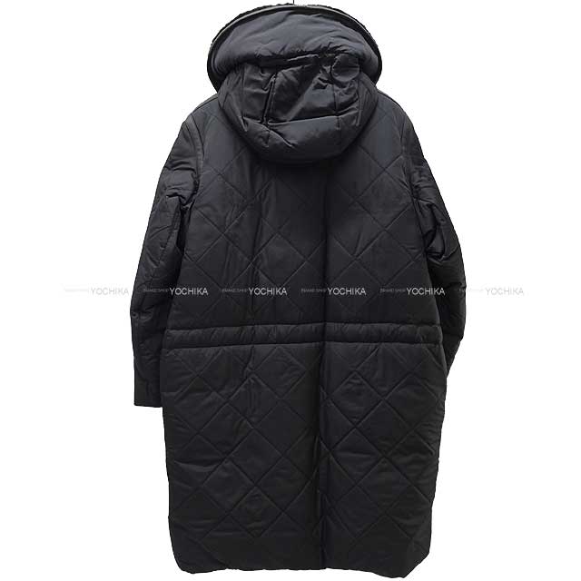 HERMES Down jacket Nutria Fur Hood Leather Trim Coat #42 Noir (Black) Polyester 98%/Polyurethane 2% 42[EXCELLENT][Authentic]