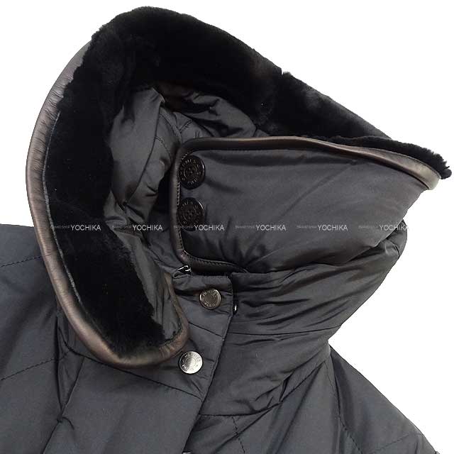 HERMES Down jacket Nutria Fur Hood Leather Trim Coat #42 Noir (Black) Polyester 98%/Polyurethane 2% 42[EXCELLENT][Authentic]