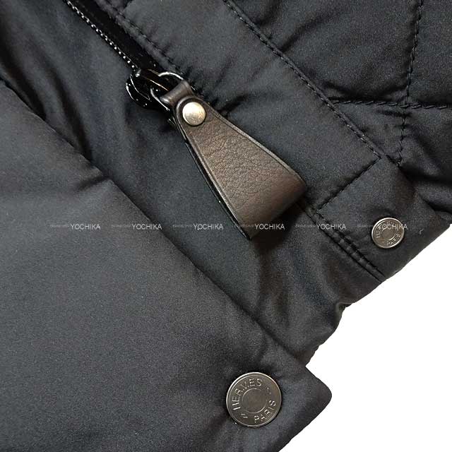 HERMES Down jacket Nutria Fur Hood Leather Trim Coat #42 Noir (Black) Polyester 98%/Polyurethane 2% 42[EXCELLENT][Authentic]