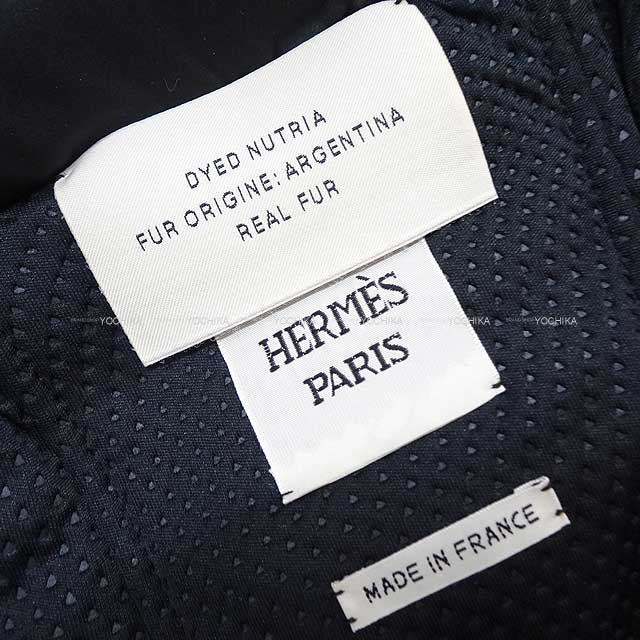 HERMES Down jacket Nutria Fur Hood Leather Trim Coat #42 Noir (Black) Polyester 98%/Polyurethane 2% 42[EXCELLENT][Authentic]