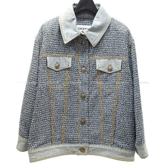 2018 SS CHANEL Blouson COCO Button Tweed Denim Jacket #42 Light blue Cotton/Polyamide/Silk 42 P58315[EXCELLENT][Authentic]