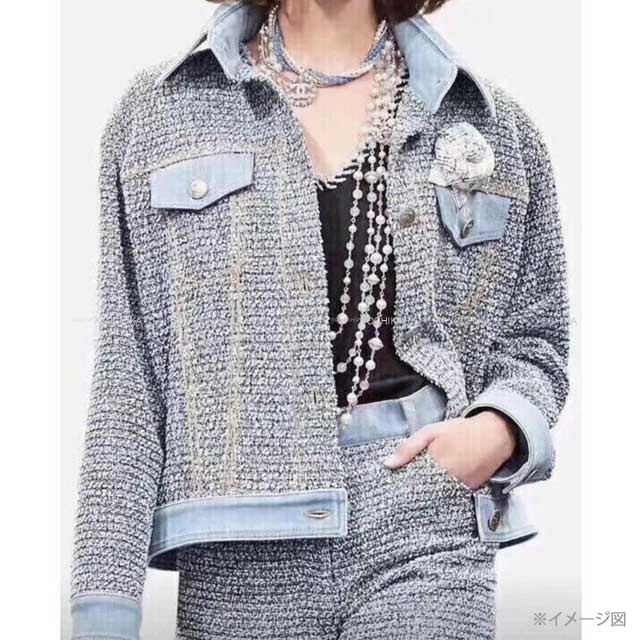 2018 SS CHANEL Blouson COCO Button Tweed Denim Jacket #42 Light blue Cotton/Polyamide/Silk 42 P58315[EXCELLENT][Authentic]