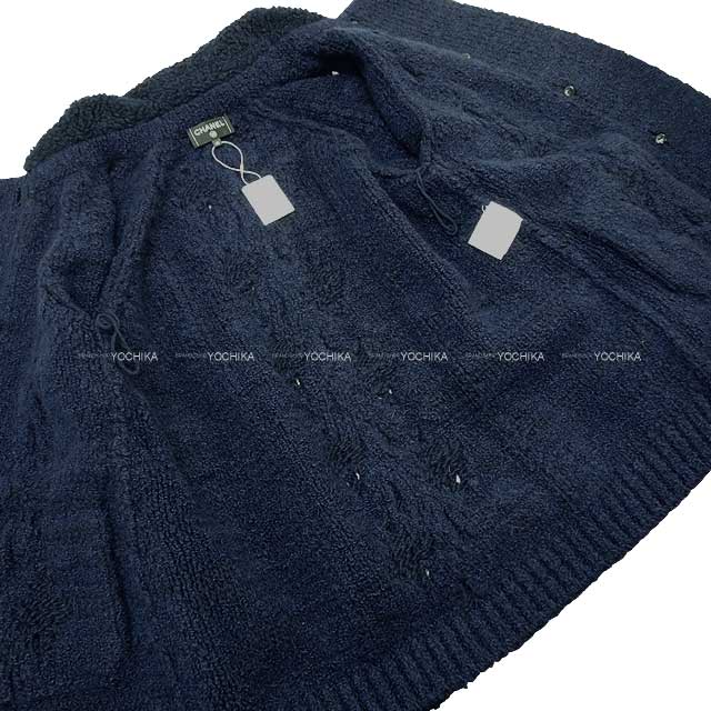 CHANEL COCO Button Boa Fringe Knit Jacket Coat #46 Navy Wool/Cashmere/Silk 46 P59778[EXCELLENT][Authentic]