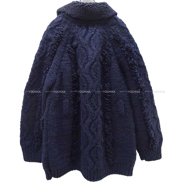 CHANEL COCO Button Boa Fringe Knit Jacket Coat #46 Navy Wool/Cashmere/Silk 46 P59778[EXCELLENT][Authentic]