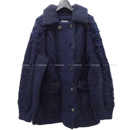 CHANEL COCO Button Boa Fringe Knit Jacket Coat #46 Navy Wool/Cashmere/Silk 46 P59778[EXCELLENT][Authentic]