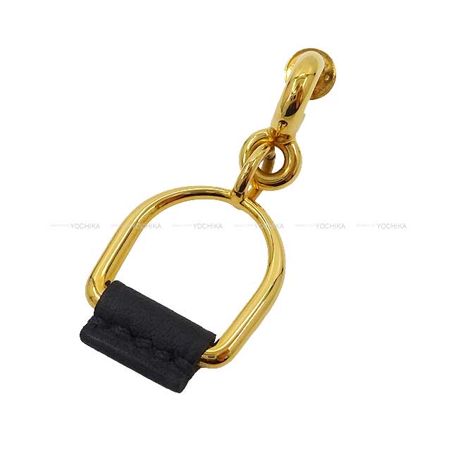 HERMES pierced earring Heritage Equestre Etrier PM Noir (Black) Veau Swift Gold HW[EXCELLENT][Authentic]