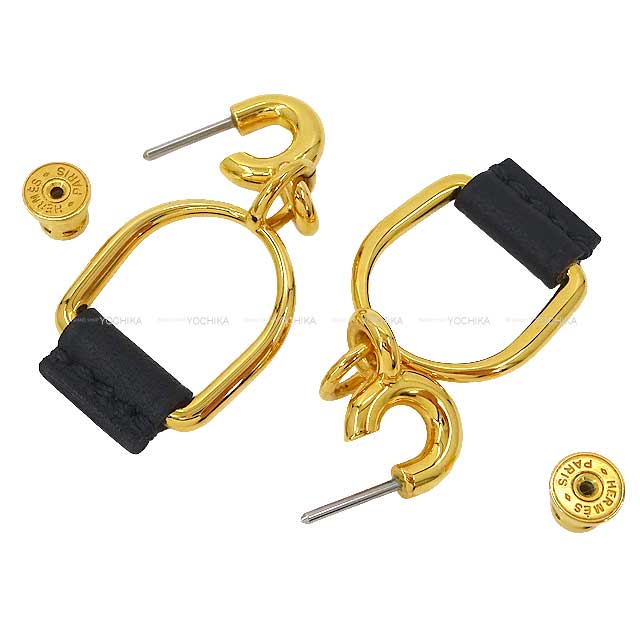 HERMES pierced earring Heritage Equestre Etrier PM Noir (Black) Veau Swift Gold HW[EXCELLENT][Authentic]