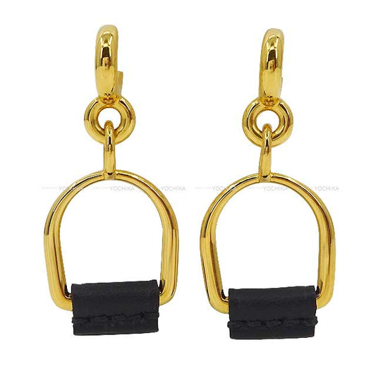 HERMES pierced earring Heritage Equestre Etrier PM Noir (Black) Veau Swift Gold HW[EXCELLENT][Authentic]