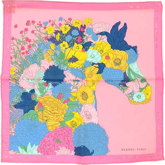 HERMES scarf Carre 45 Gavroche Embroidery Robe Legere Rose/Bleu/Jaune Silk100%[BRAND NEW][Authentic]