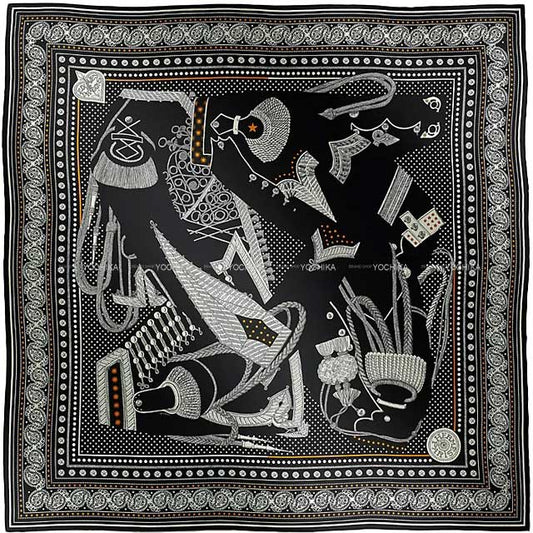 2023 AW HERMES scarf Carre 140 Zouaves et Dragons Bandana Noir (Black)/Blanc (White)/Gold Cashmere70% / Silk30%[EXCELLENT][Authentic]