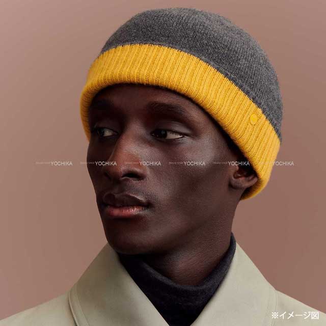 HERMES Knit cap Knit hat with crudo cell Hugo #L Grease/Jaune Cashmere100%[BRAND NEW][Authentic]