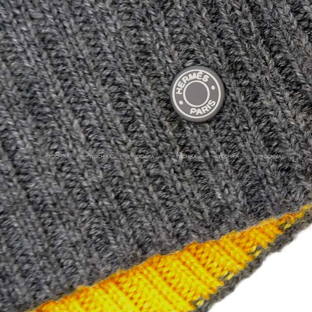 HERMES Knit cap Knit hat with crudo cell Hugo #L Grease/Jaune Cashmere100%[BRAND NEW][Authentic]