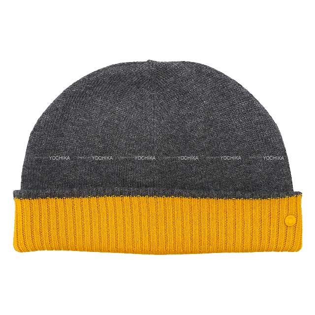 HERMES Knit cap Knit hat with crudo cell Hugo #L Grease/Jaune Cashmere100%[BRAND NEW][Authentic]