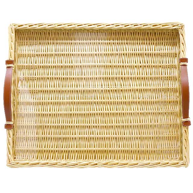 HERMES Oseraie Picnic Tray with Glass Large Terre Battue Rattan/Swift[EXCELLENT][Authentic]