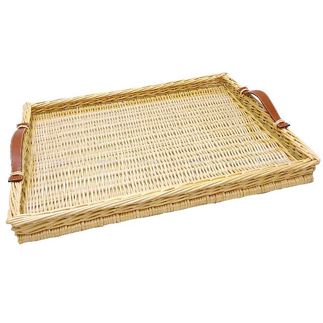 HERMES Oseraie Picnic Tray with Glass Large Terre Battue Rattan/Swift[EXCELLENT][Authentic]