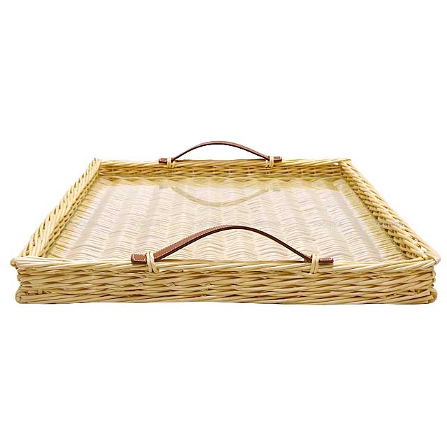 HERMES Oseraie Picnic Tray with Glass Large Terre Battue Rattan/Swift[EXCELLENT][Authentic]