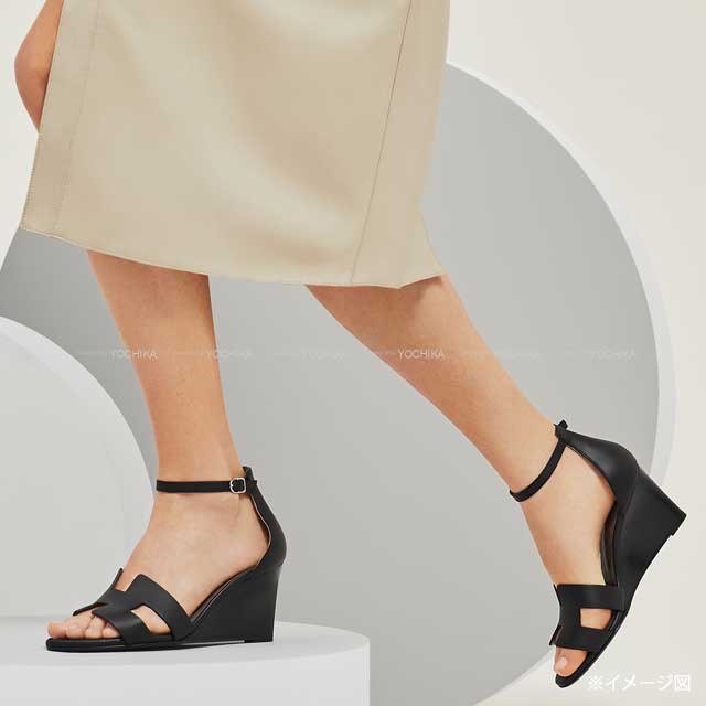 HERMES sandals Wedge sole ankle strap legend Noir (Black) Calf 36.5 Silver HW[EXCELLENT][Authentic]