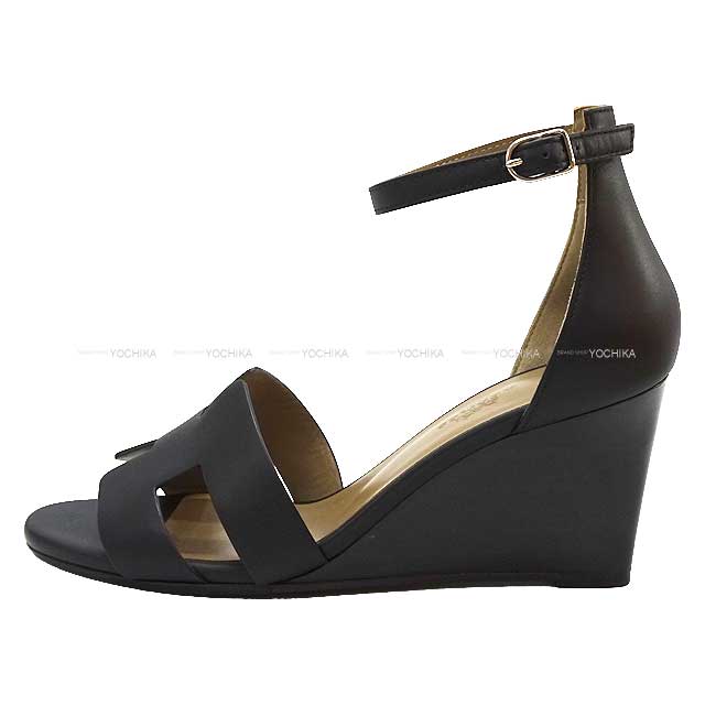 HERMES sandals Wedge sole ankle strap legend Noir (Black) Calf 36.5 Silver HW[EXCELLENT][Authentic]