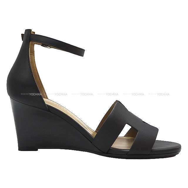 HERMES sandals Wedge sole ankle strap legend Noir (Black) Calf 36.5 Silver HW[EXCELLENT][Authentic]