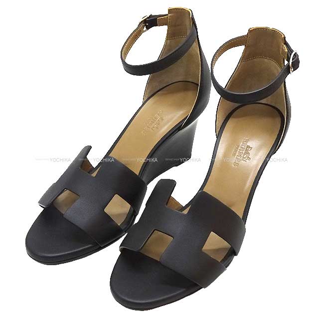 HERMES sandals Wedge sole ankle strap legend Noir (Black) Calf 36.5 Silver HW[EXCELLENT][Authentic]