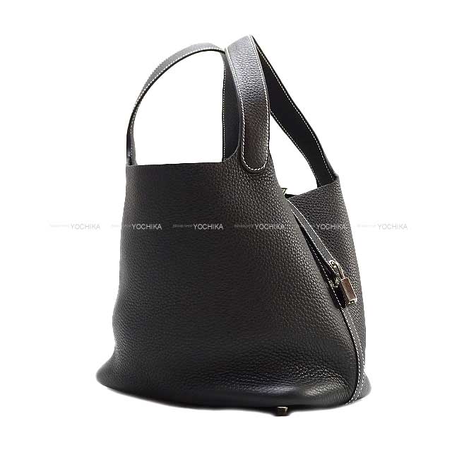 [Pre-loved] HERMES Handbag Picotin Lock 22 MM White Stitch Noir (Black) Taurillon Clemence Silver HW Stamp U[LIKE NEW][Authentic]