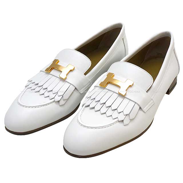 HERMES loafers Fringe Moccasin Royal Blanc (White) Calf skin #36.5 Rose Gold HW[EXCELLENT][Authentic]