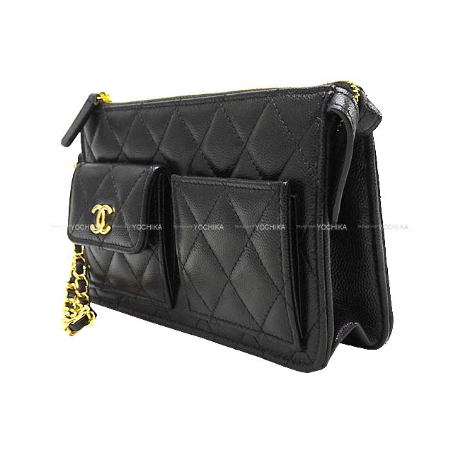 CHANEL Clutch bag Matelasse COCO mark Porch bag with chain Noir (Black) Graind Calf(Caviarskin) Gold HW AP3466[EXCELLENT][Authentic]