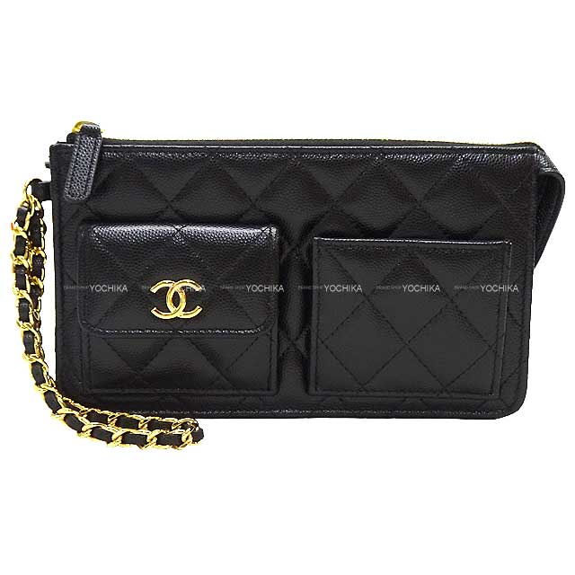 CHANEL Clutch bag Matelasse COCO mark Porch bag with chain Noir (Black) Graind Calf(Caviarskin) Gold HW AP3466[EXCELLENT][Authentic]