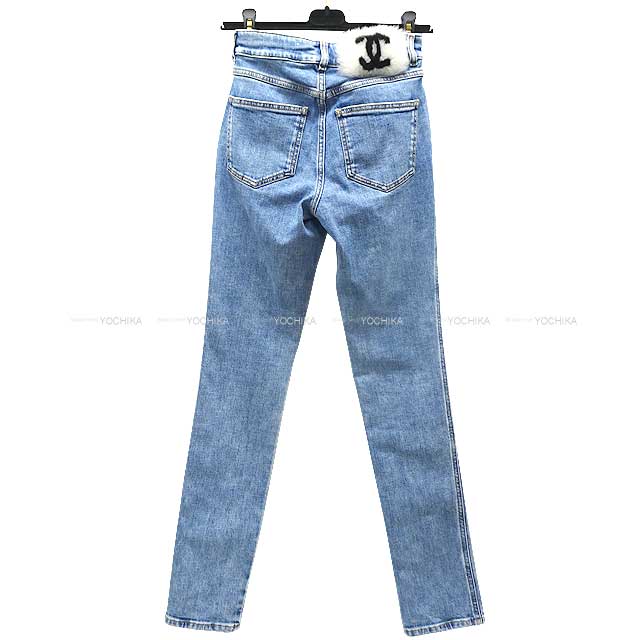 CHANEL Denim Pants Jeans Stretch COCO Mark Boa Rhinestone Button #34 Blue Cotton 98%/Polyurethane 2% P74543[BRAND NEW][Authentic]