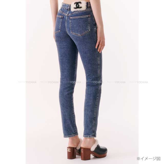 CHANEL Denim Pants Jeans Stretch COCO Mark Boa Rhinestone Button #34 Blue Cotton 98%/Polyurethane 2% P74543[BRAND NEW][Authentic]