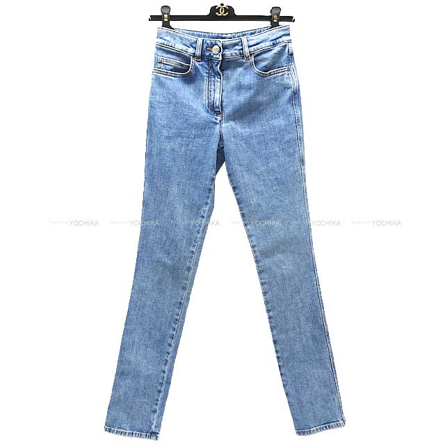 CHANEL Denim Pants Jeans Stretch COCO Mark Boa Rhinestone Button #34 Blue Cotton 98%/Polyurethane 2% P74543[BRAND NEW][Authentic]