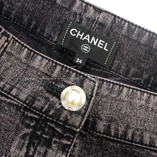 2022 AW CHANEL Denim Pants Paerl Button Gaucho Wide Wash processing #34 Noir (Black) Denim 34 P73404[EXCELLENT][Authentic]