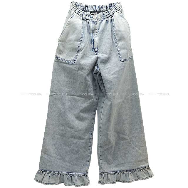 2022 SS CHANEL Denim Pants Metal COCO Button Frill Jeans #34 Light Blue Denim Silver HW P73070[EXCELLENT][Authentic]