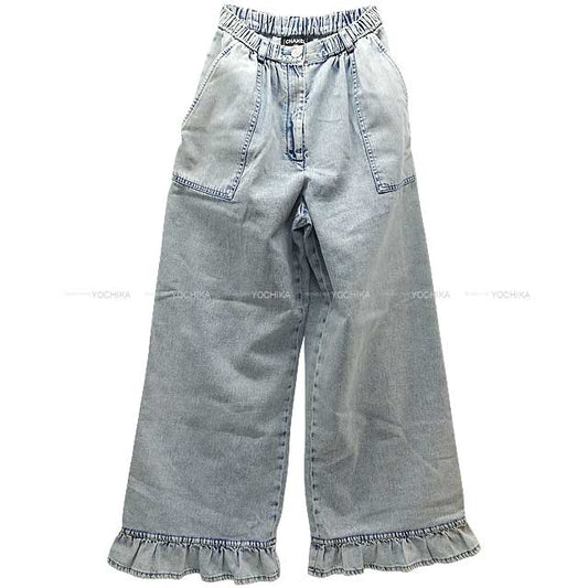 2022 SS CHANEL Denim Pants Metal COCO Button Frill Jeans #34 Light Blue Denim Silver HW P73070[EXCELLENT][Authentic]