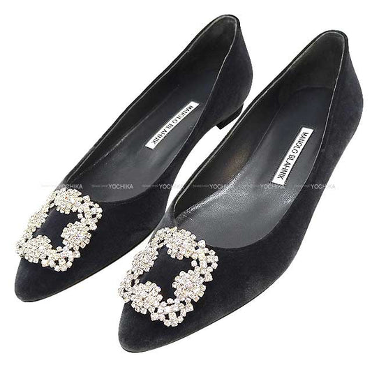 MANOLO BLAHNIK pumps HANGISI Bijoux Flat #38.5 Dark gray Velvet #38.5[BRAND NEW][Authentic]