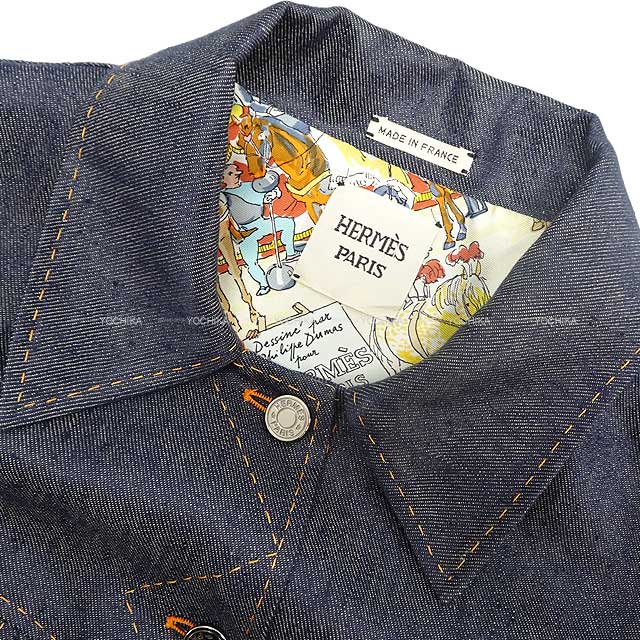 HERMES Denim jacket Ladies Sellier Beautiful scarf pattern lining masterpiece #44 Navy Dinim/Linen Silver HW[EXCELLENT][Authentic]