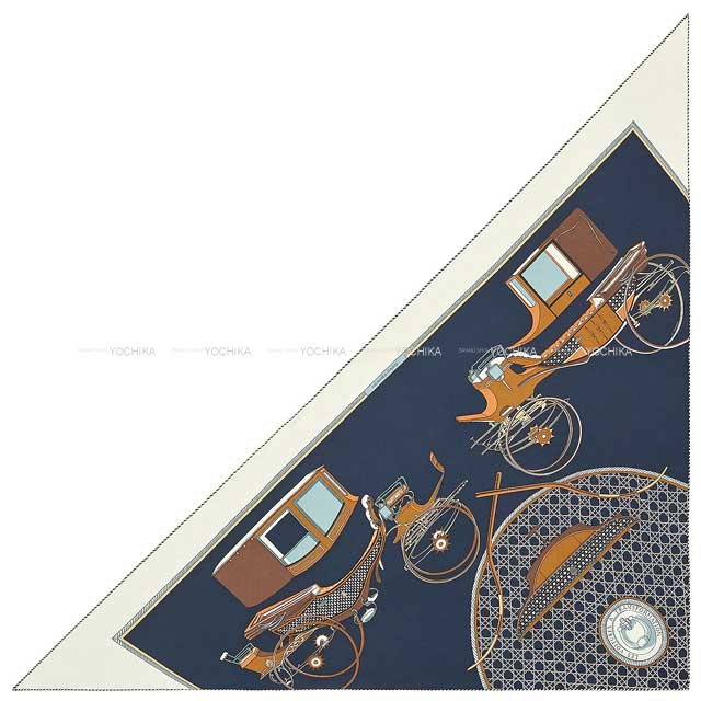 2023AW HERMES scarf Triangle Geant Les Voitures a Transformation Blanc (White)/Caban/Tabac Cashmere70% / Silk30%[EXCELLENT][Authentic]