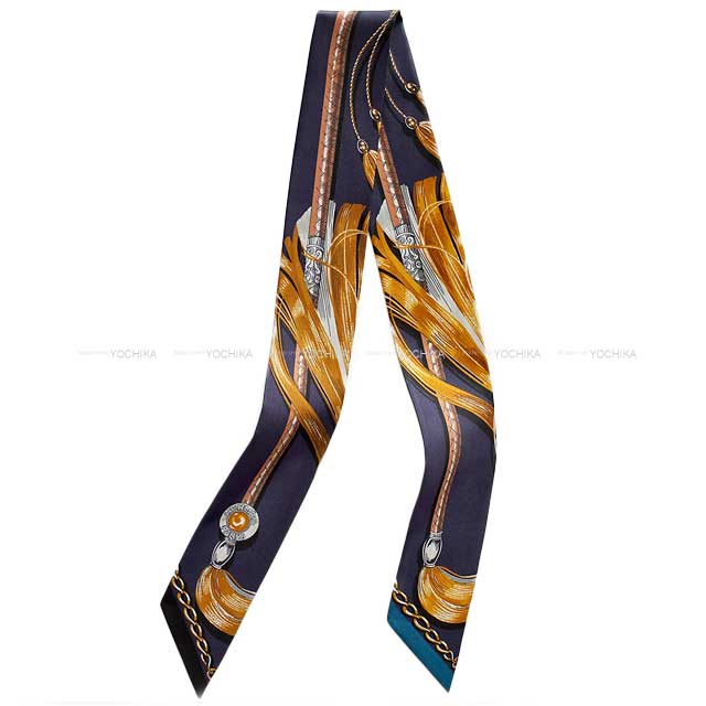 2023AW NEW HERMES scarf Twilly Cavalcades Marine/Gold/Gris Silk100%[BRAND NEW][Authentic]