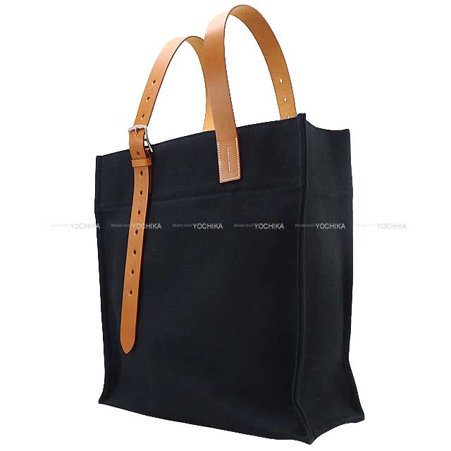 HERMES tote bag Etriviere 41 Noir (Black)/Gold Veau Tadelakt Toile going canvas Silver HW Stamp B[BRAND NEW][Authentic]